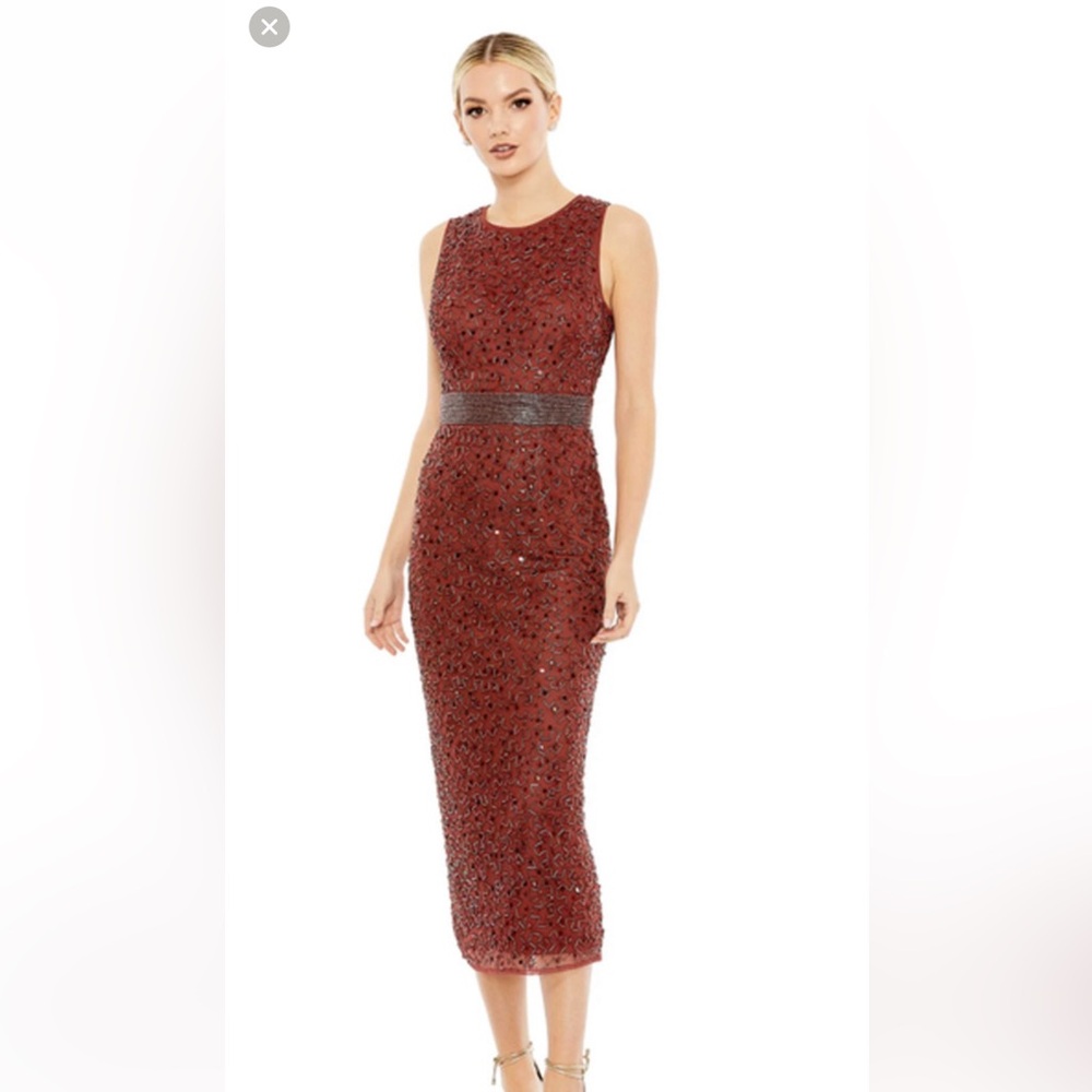 Mac Duggal Burgundy Beaded Midi Dress